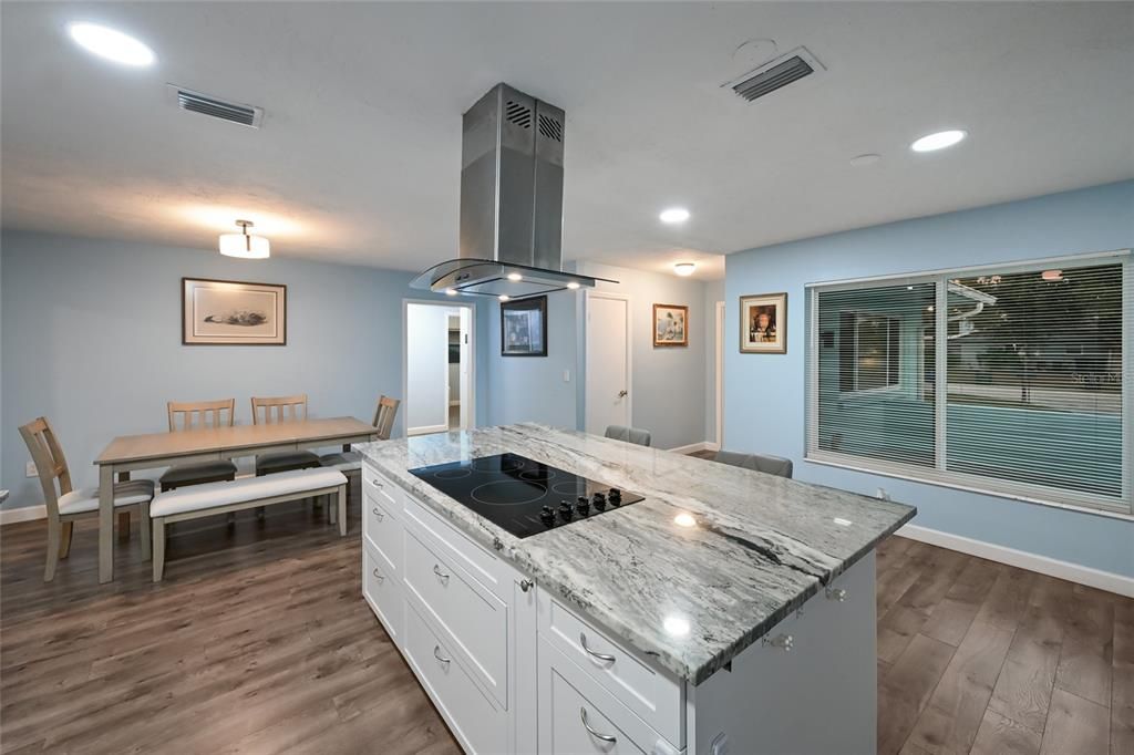 Dining room, Interior, Kitchen, Recessed Lighting, Wood Texture Flooring