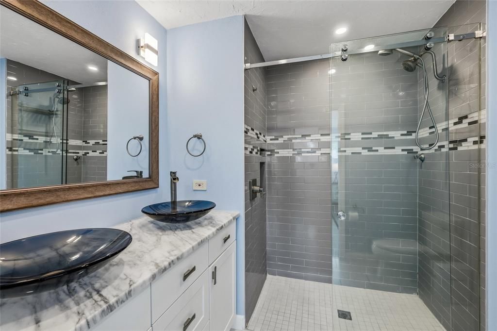Bathroom, Dual Sink Vanities, Glass Shower, Interior, Recessed Lighting
