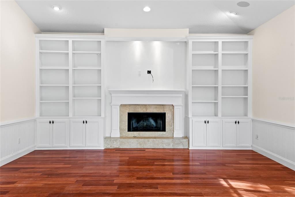 Empty room, Fireplace, Interior, Recessed Lighting, Wood Texture Flooring