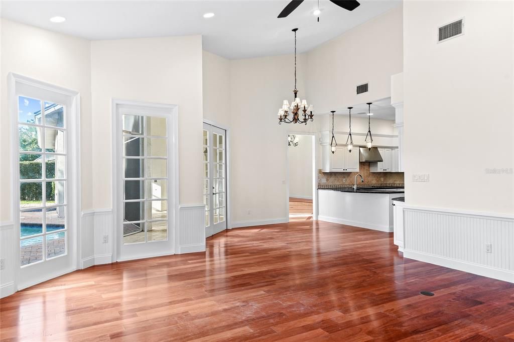 Chandelier, Empty room, Interior, Kitchen, Pendant Lights, Recessed Lighting, Wood Texture Flooring