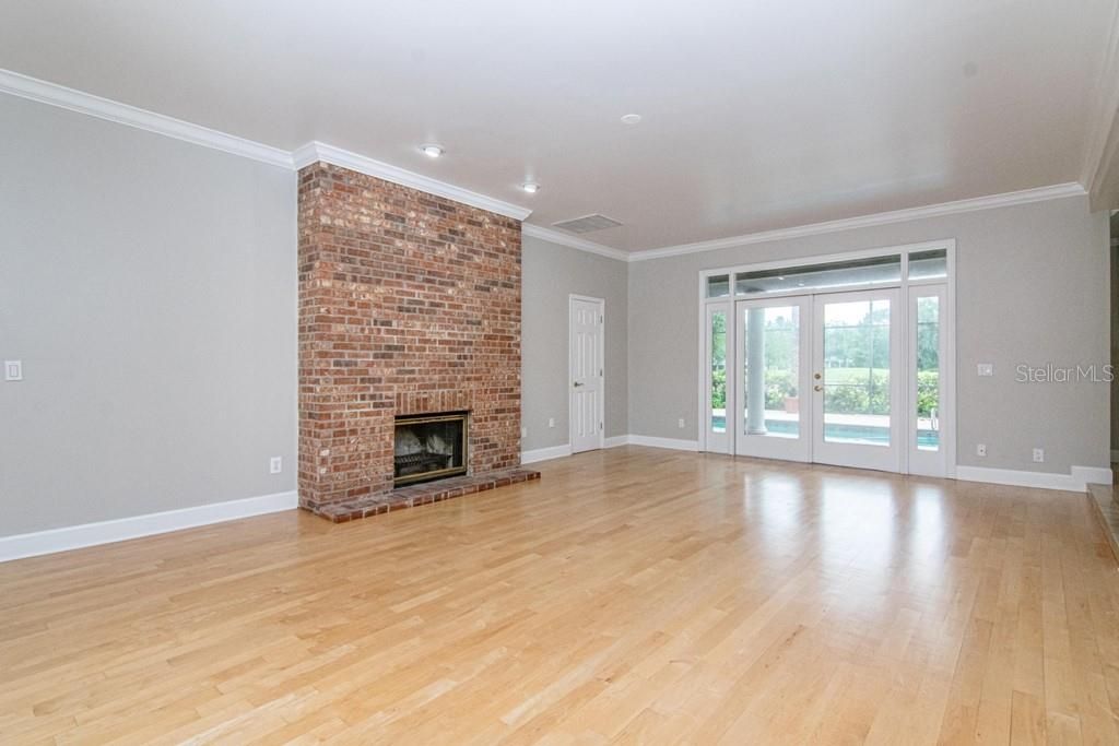 Empty room, Fireplace, Interior, Stone Walls, Wood Texture Flooring