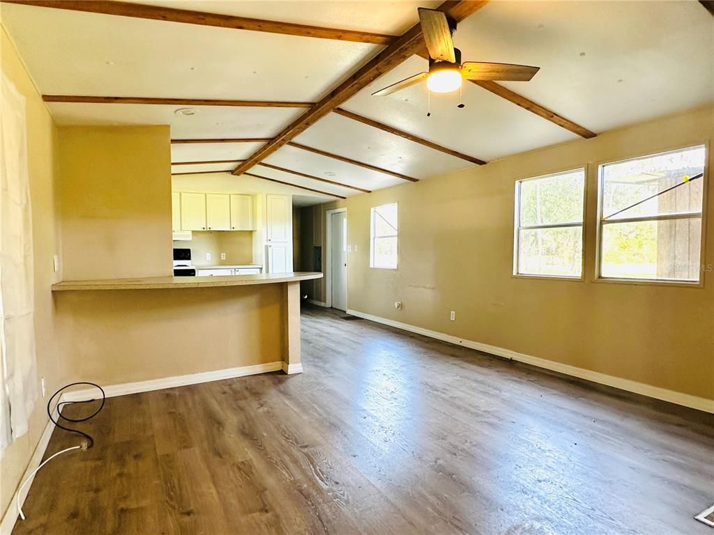 Empty room, Interior, Kitchen, Wooden Beams, Wood Texture Flooring
