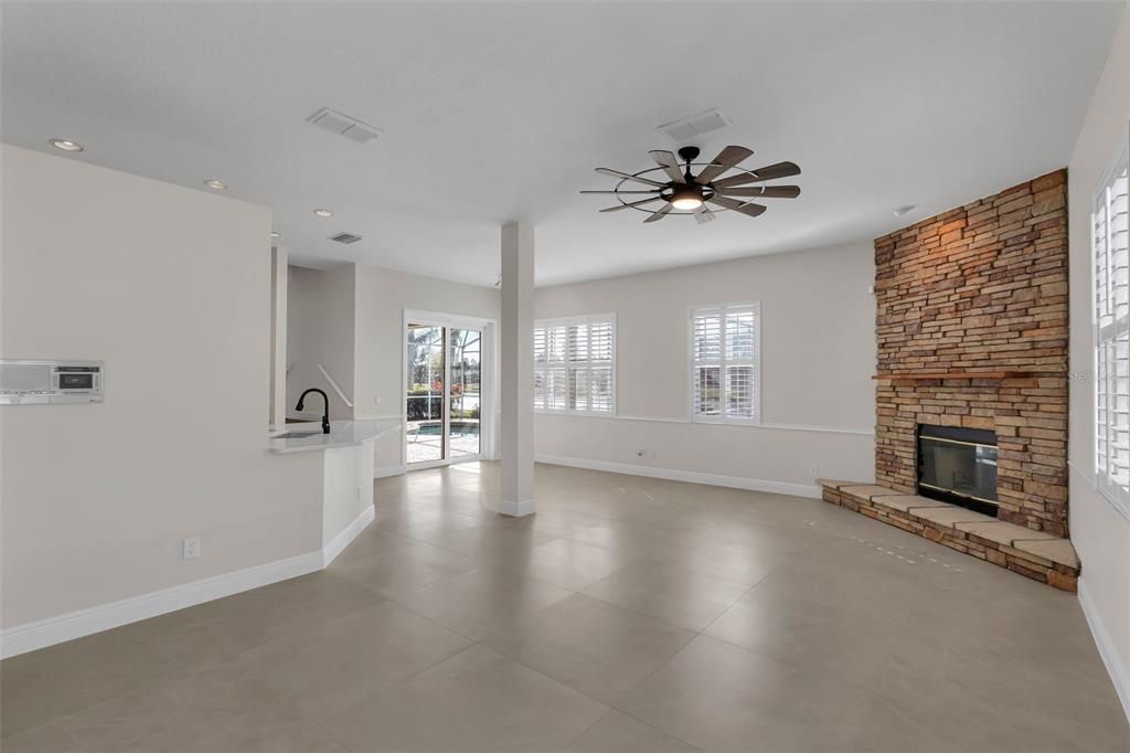 Empty room, Fireplace, Interior, Recessed Lighting, Stone Walls
