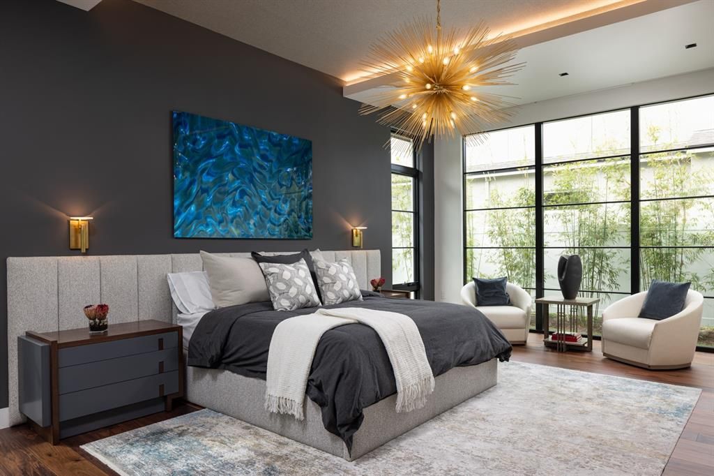 Bedroom, Interior, Pendant Lights, Recessed Lighting, Wood Texture Flooring