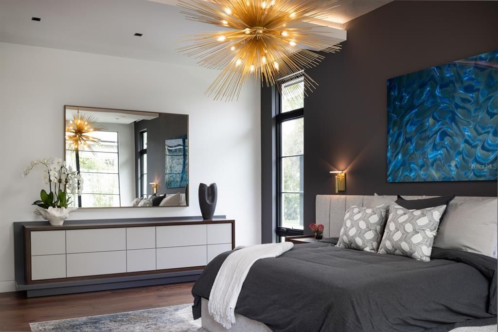 Bedroom, Interior, Pendant Lights, Wood Texture Flooring