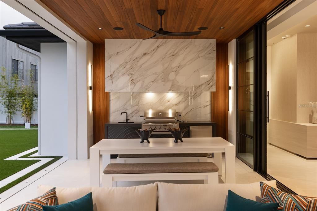 Interior, Kitchen, Marble Walls, Recessed Lighting, Wooden Ceilings