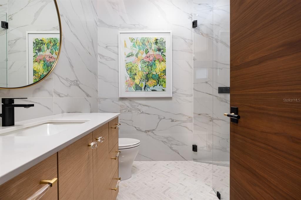 Bathroom, Glass Shower, Interior, Marble Walls