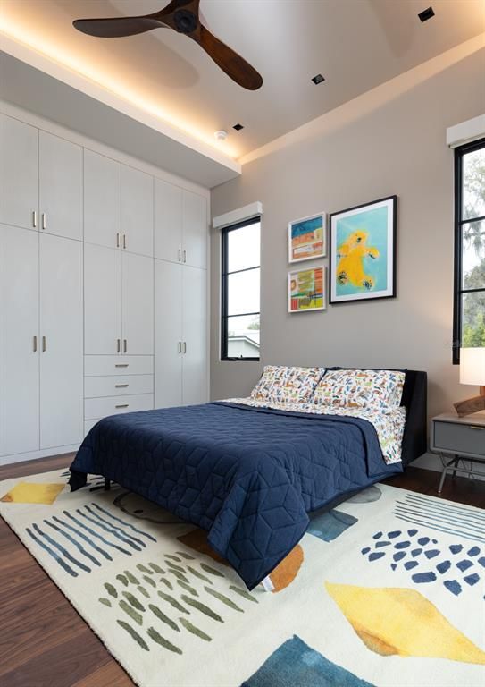 Bedroom, Interior, Recessed Lighting, Wood Texture Flooring