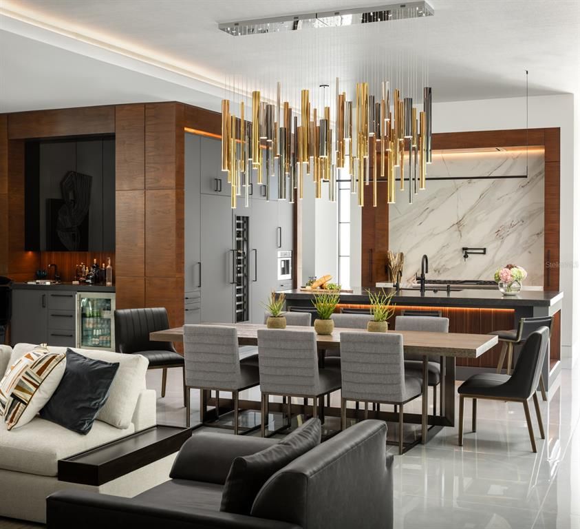 Dining room, Interior, Living room, Marble Walls, Pendant Lights