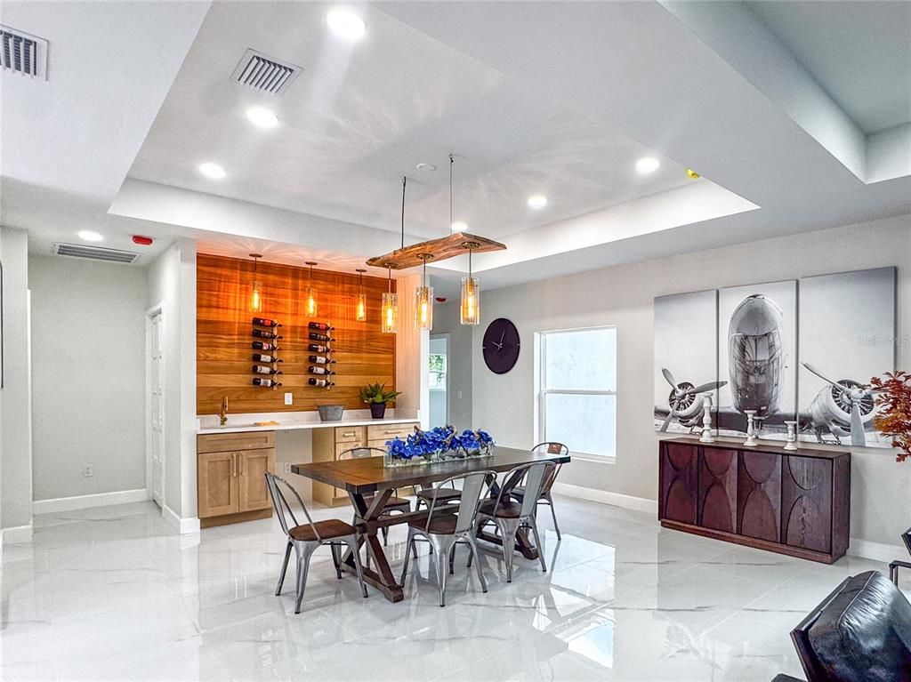 Dining room, Interior, Pendant Lights, Recessed Lighting, Wooden Walls