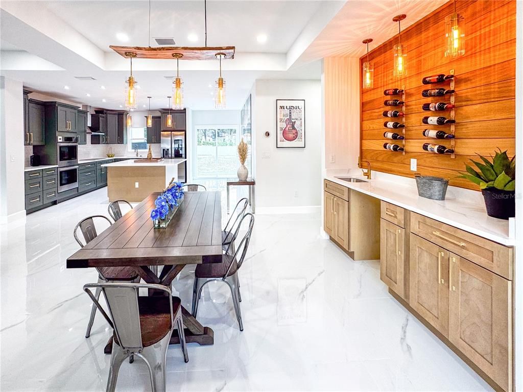 Dining room, Interior, Kitchen, Marble, Pendant Lights, Recessed Lighting, Stainless Steel Appliances