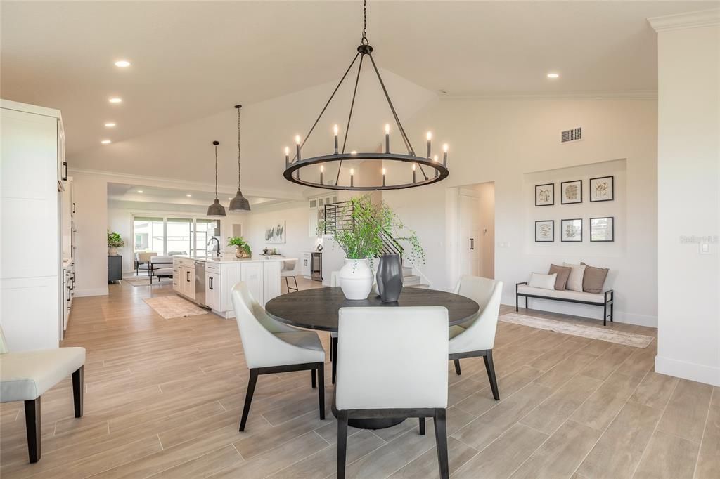 Chandelier, Dining room, Interior, Kitchen, Living room, Pendant Lights, Recessed Lighting, Wood Texture Flooring