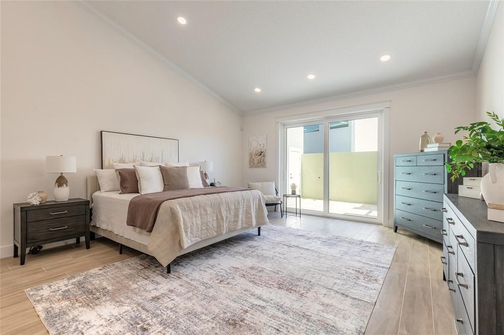 Bedroom, Interior, Recessed Lighting, Wood Texture Flooring