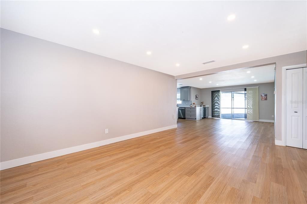 Empty room, Interior, Kitchen, Recessed Lighting, Wood Texture Flooring