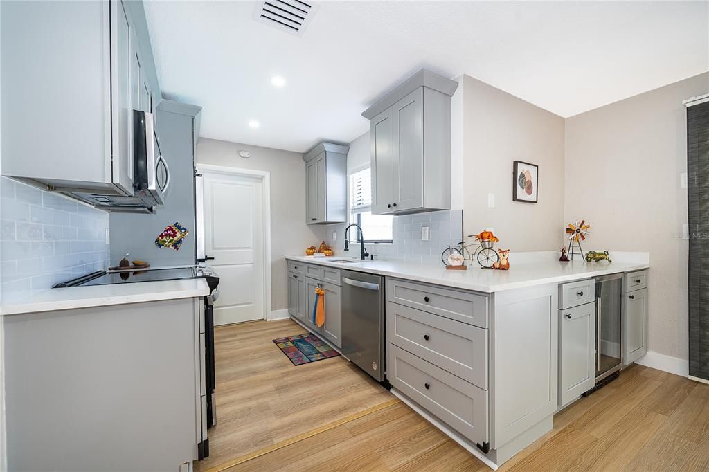 Interior, Kitchen, Recessed Lighting, Wood Texture Flooring