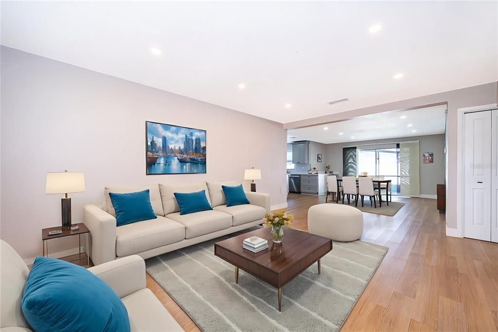 Dining room, Interior, Kitchen, Living room, Recessed Lighting, Wood Texture Flooring