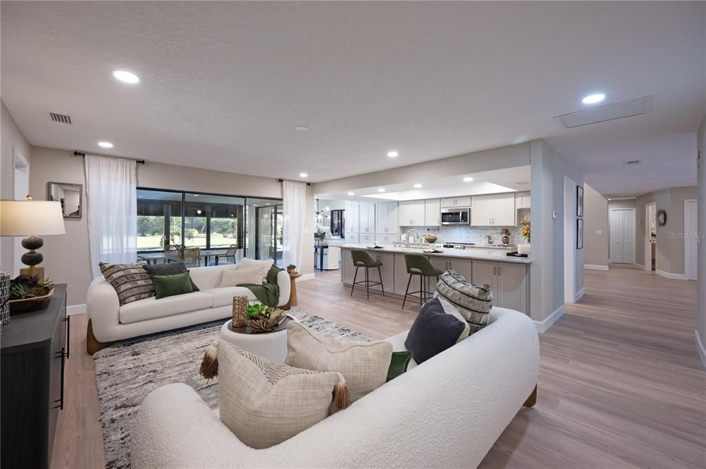 Interior, Kitchen, Living room, Recessed Lighting, Stainless Steel Appliances, Wood Texture Flooring