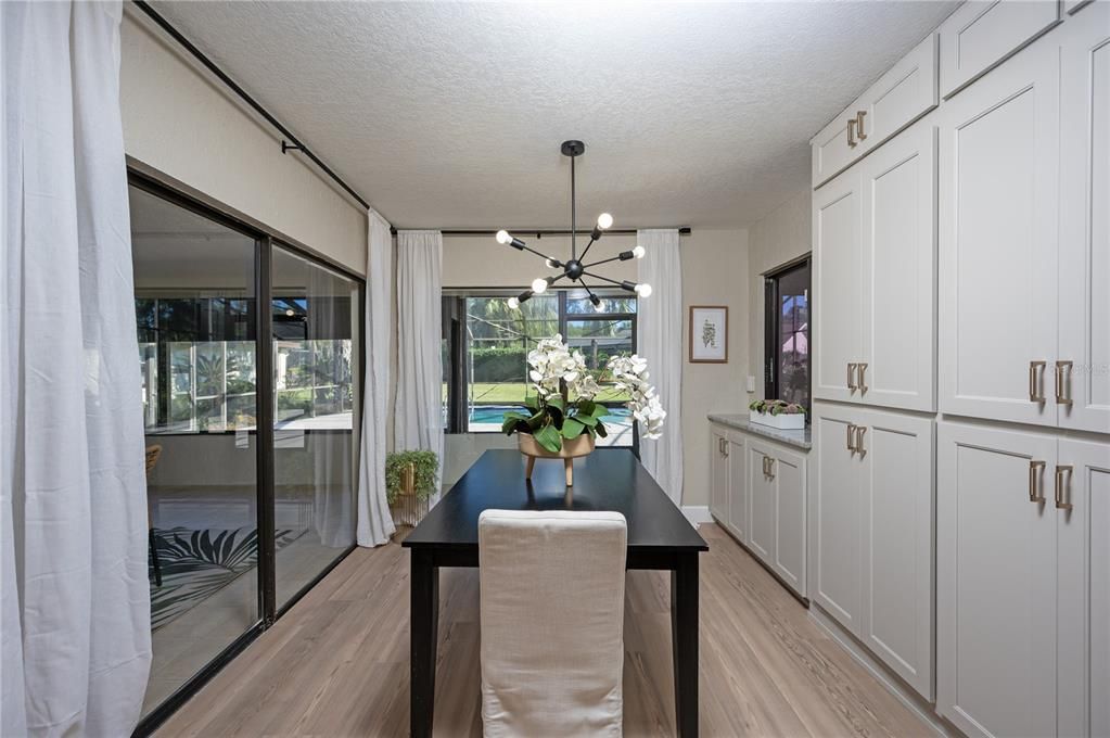 Dining room, Interior, Pendant Lights, Wood Texture Flooring
