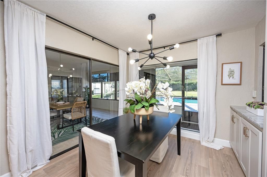 Dining room, Interior, Pendant Lights, Wood Texture Flooring