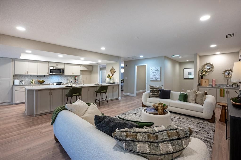 Interior, Kitchen, Living room, Recessed Lighting, Stainless Steel Appliances, Wood Texture Flooring