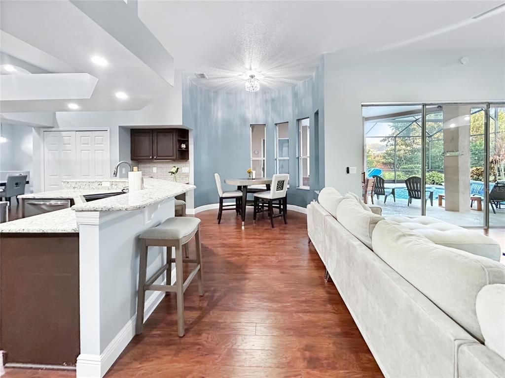 Dining room, Interior, Kitchen, Living room, Recessed Lighting, Wood Texture Flooring