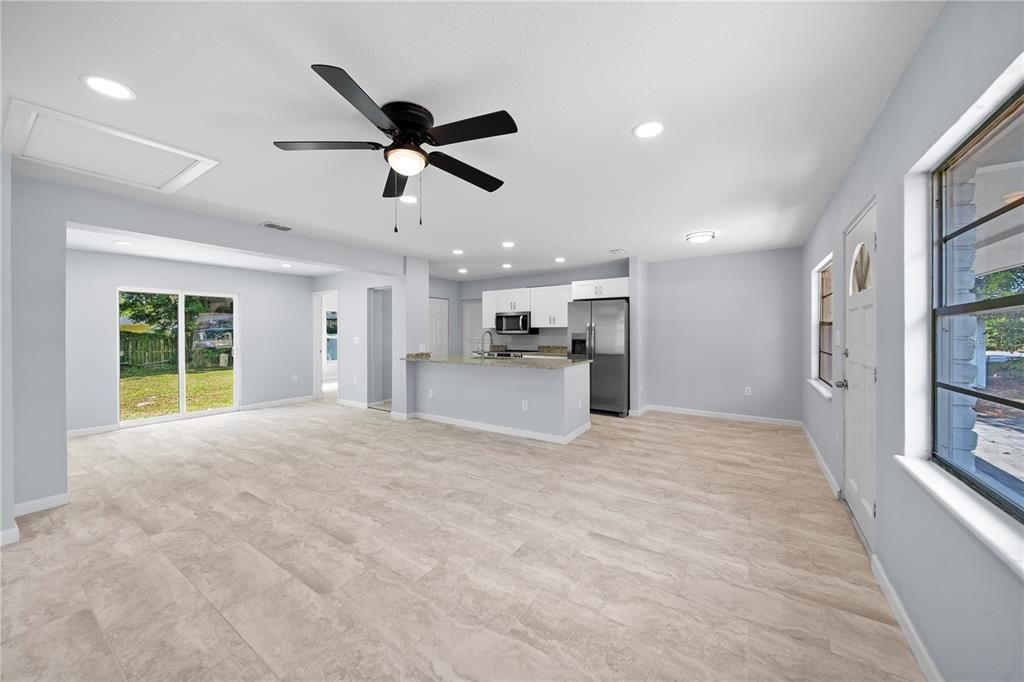 Empty room, Interior, Kitchen, Recessed Lighting, Stainless Steel Appliances