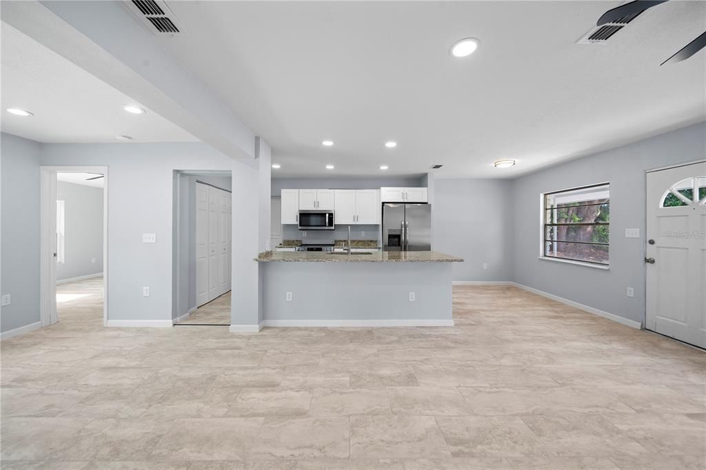 Empty room, Interior, Kitchen, Recessed Lighting, Stainless Steel Appliances
