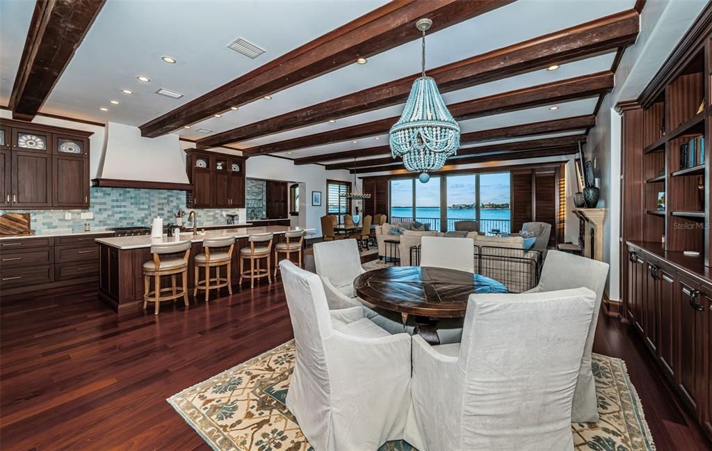 Dining room, Interior, Kitchen, Pendant Lights, Recessed Lighting, Water, Wooden Beams, Wood Texture Flooring