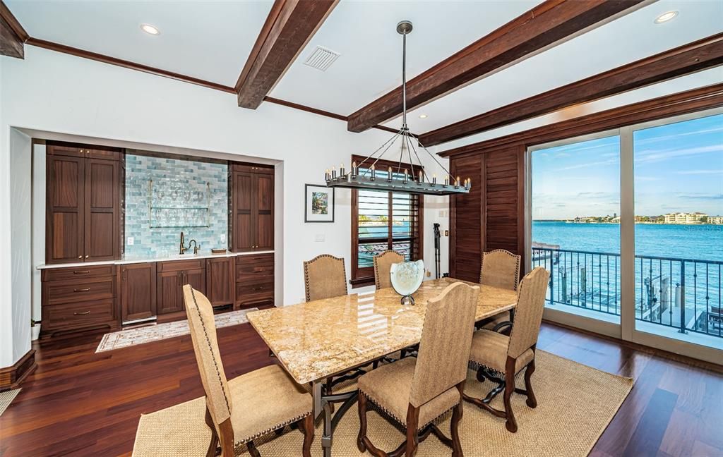 Dining room, Interior, Pendant Lights, Recessed Lighting, Water, Wooden Beams, Wood Texture Flooring