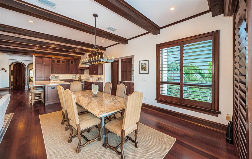 Chandelier, Dining room, Interior, Kitchen, Pendant Lights, Recessed Lighting, Wooden Beams, Wood Texture Flooring