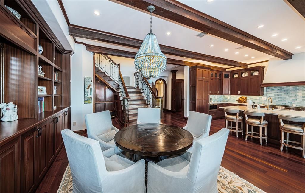 Dining room, Interior, Kitchen, Pendant Lights, Recessed Lighting, Wooden Beams, Wood Texture Flooring