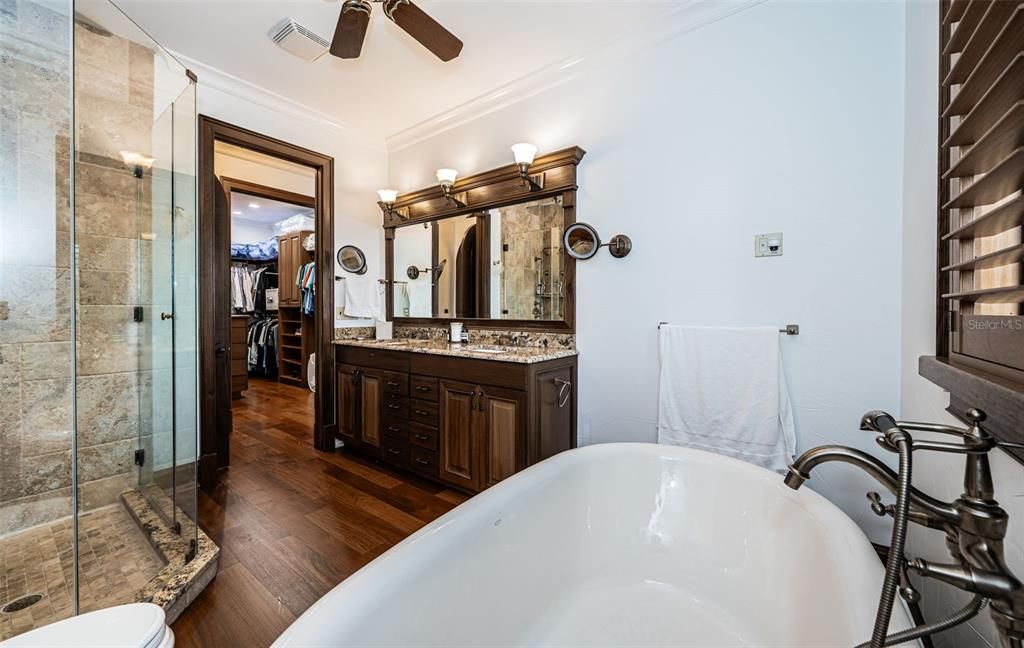 Bathroom, Dual Sink Vanities, Free Standing Baths, Glass Shower, Interior, Wood Texture Flooring