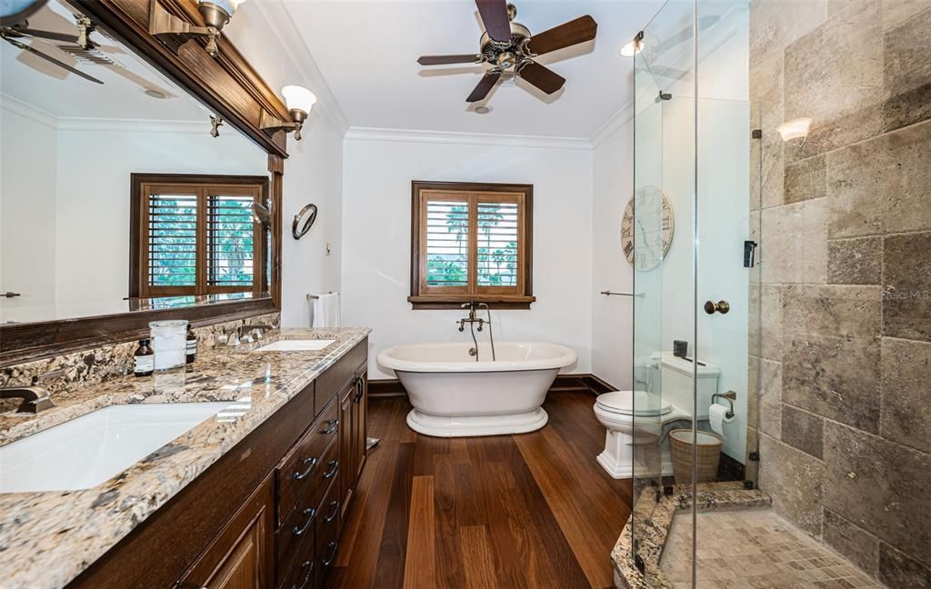 Bathroom, Dual Sink Vanities, Free Standing Baths, Glass Shower, Interior, Wood Texture Flooring