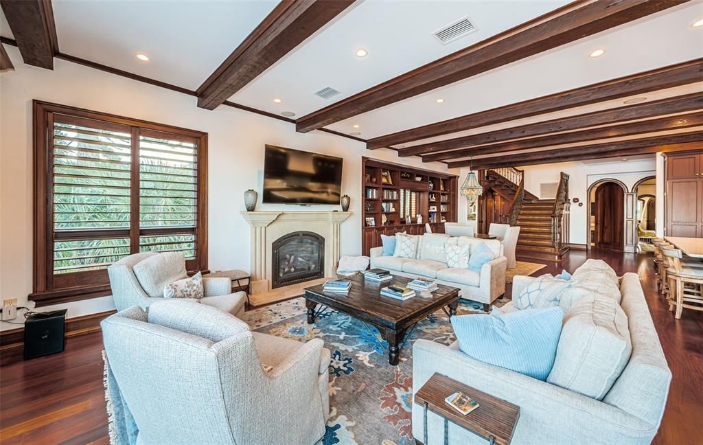 Fireplace, Interior, Living room, Recessed Lighting, Wooden Beams, Wood Texture Flooring