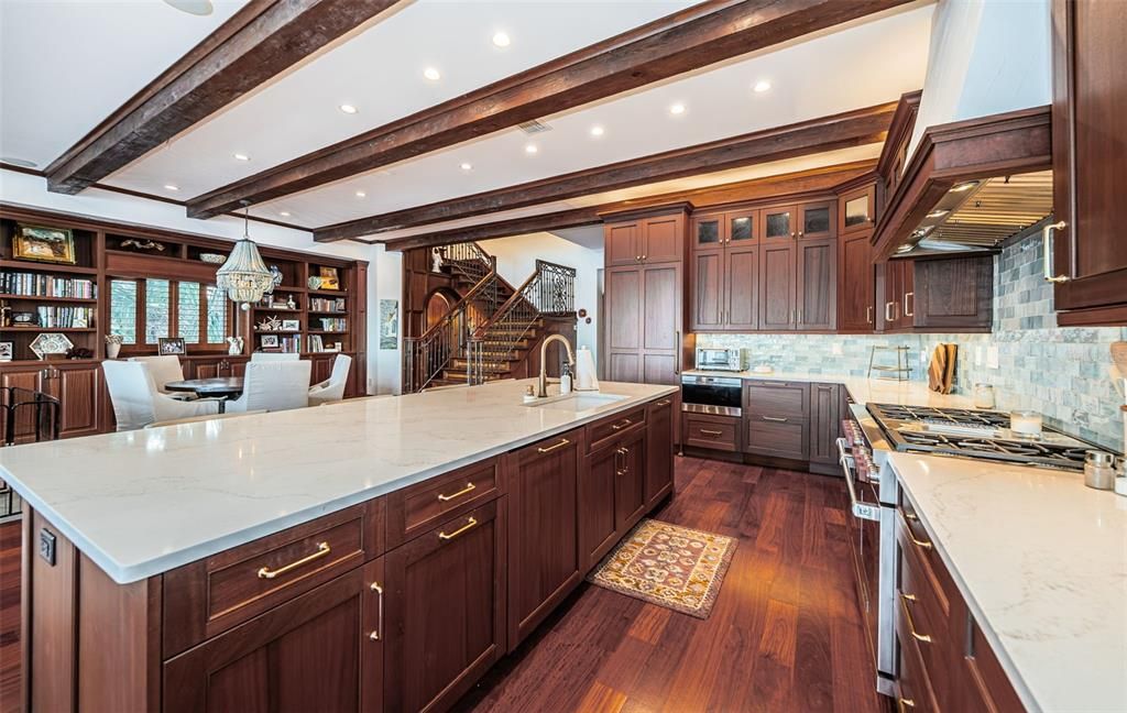 Chandelier, Dining room, Interior, Kitchen, Pendant Lights, Recessed Lighting, Stainless Steel Appliances, Wooden Beams, Wood Texture Flooring