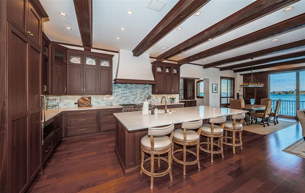 Dining room, Interior, Kitchen, Pendant Lights, Recessed Lighting, Water, Wooden Beams, Wood Texture Flooring