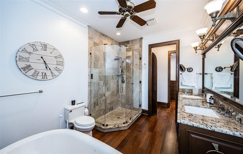 Bathroom, Glass Shower, Interior, Recessed Lighting, Wood Texture Flooring