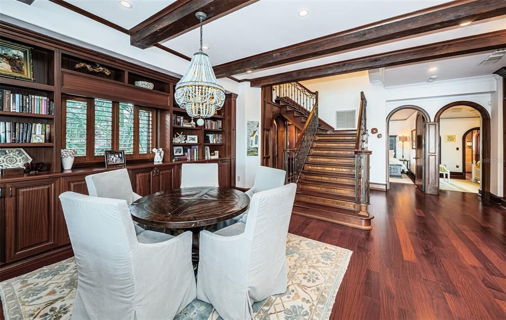 Dining room, Interior, Pendant Lights, Recessed Lighting, Wooden Beams, Wood Texture Flooring