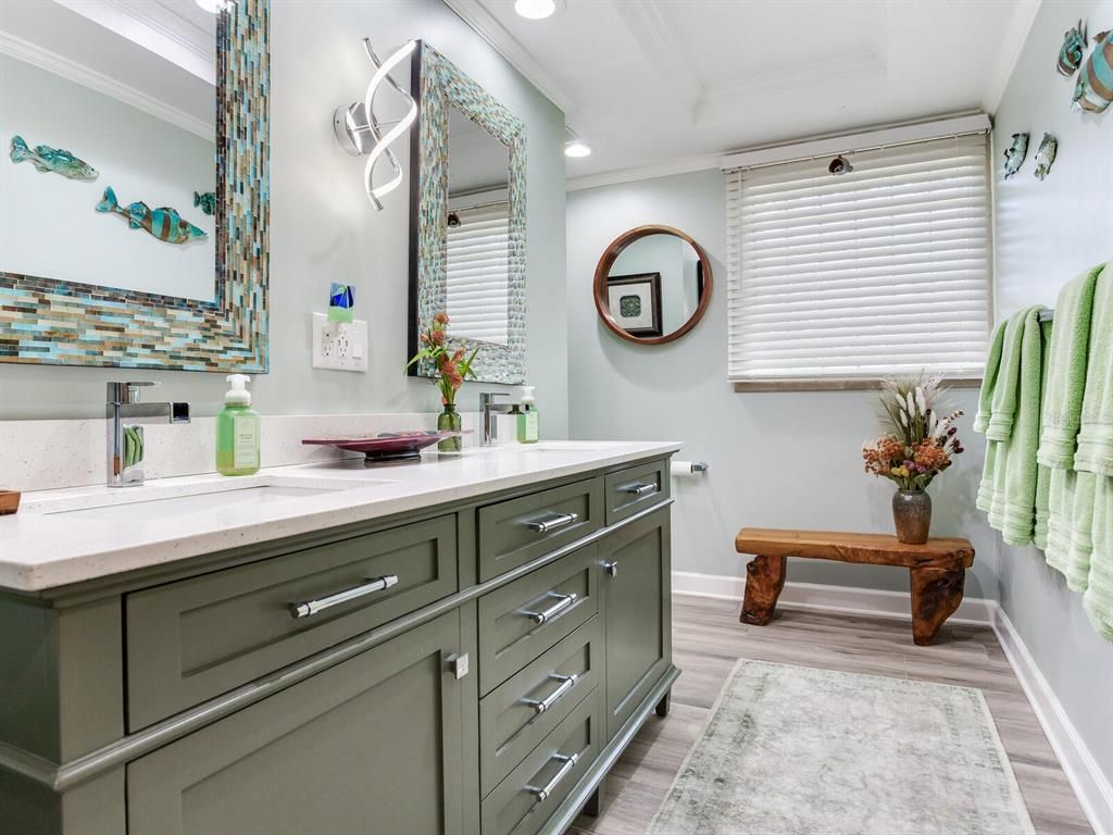 Bathroom, Dual Sink Vanities, Interior, Recessed Lighting, Wood Texture Flooring