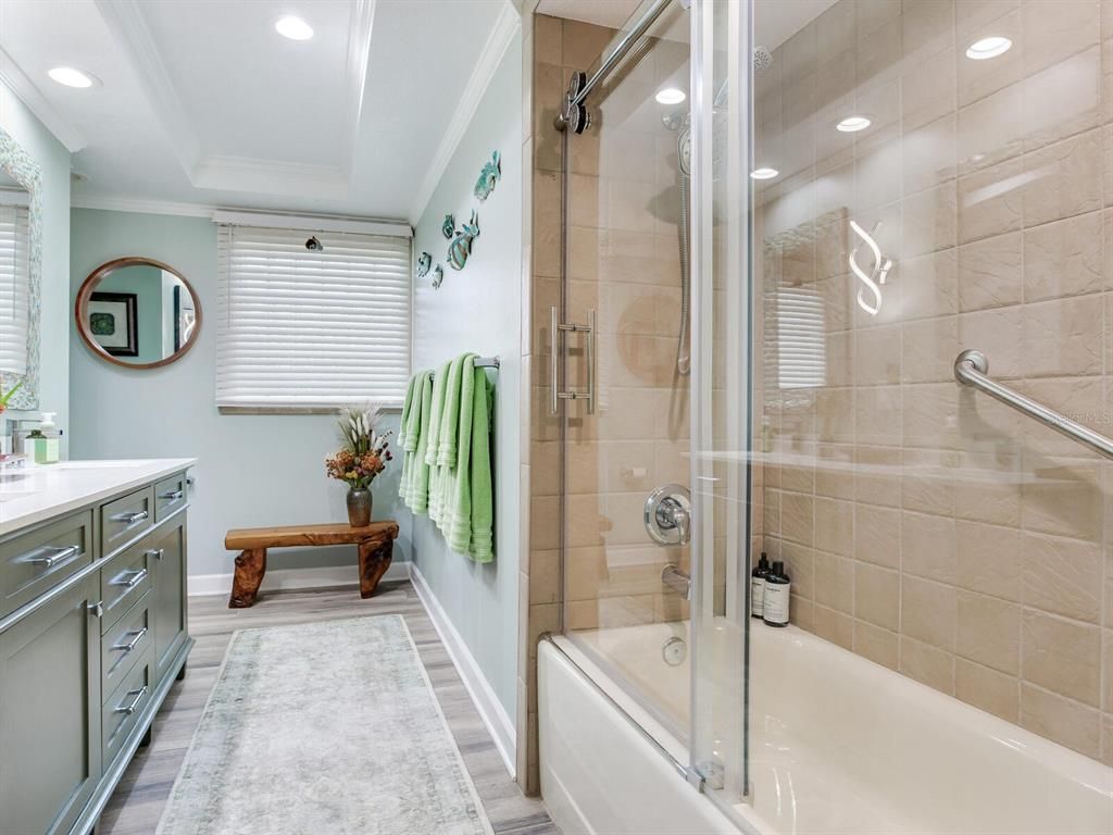 Bathroom, Glass Shower, Interior, Recessed Lighting, Wood Texture Flooring