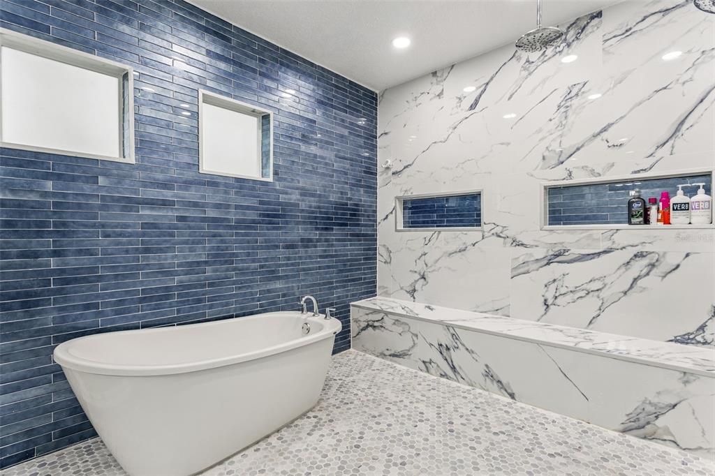 Bathroom, Free Standing Baths, Interior, Marble Walls, Recessed Lighting