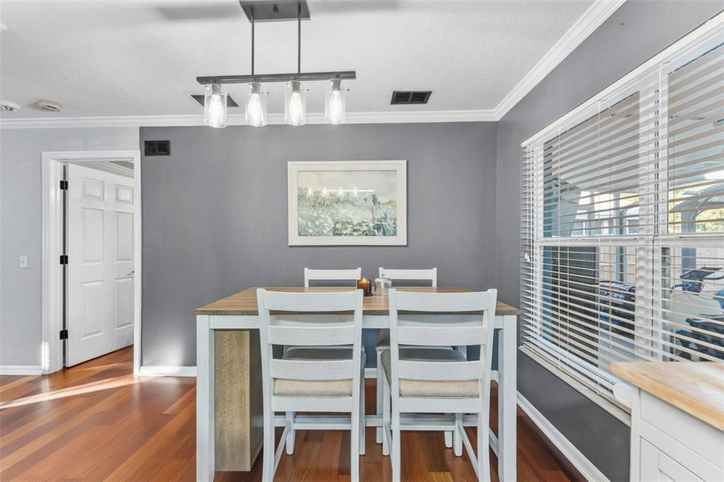 Dining room, Interior, Pendant Lights, Wood Texture Flooring