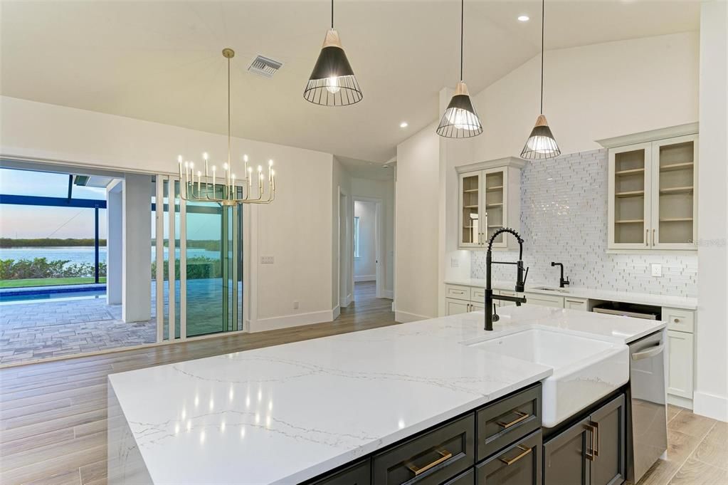 Interior, Kitchen, Pendant Lights, Recessed Lighting, Water, Wood Texture Flooring