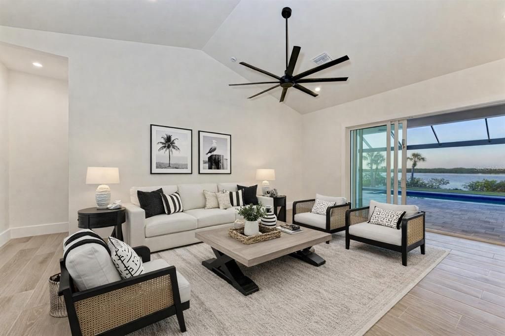 Interior, Living room, Pendant Lights, Recessed Lighting, Water, Wood Texture Flooring