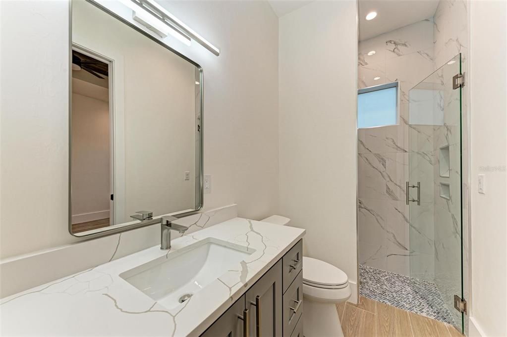 Bathroom, Glass Shower, Interior, Marble Walls, Recessed Lighting