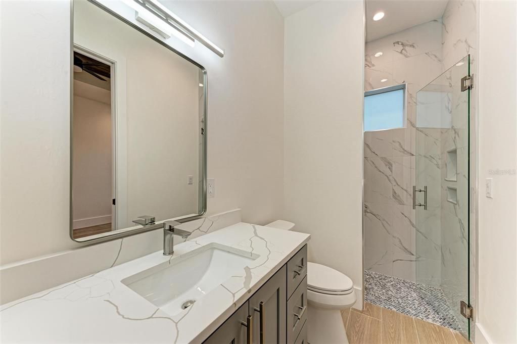 Bathroom, Glass Shower, Interior, Marble Walls, Recessed Lighting