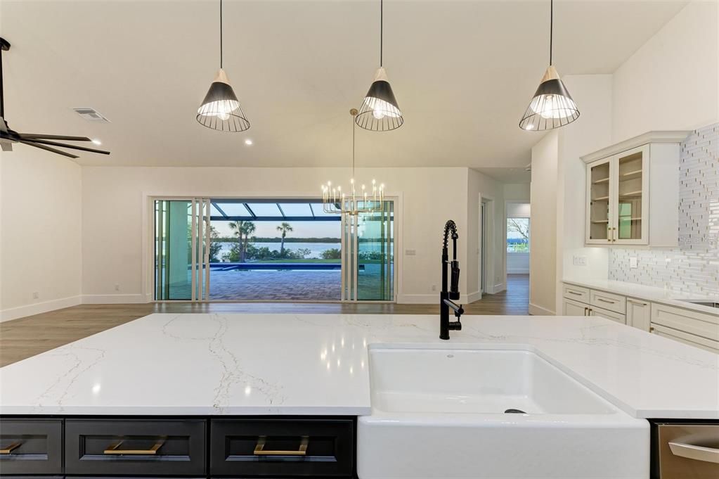 Interior, Kitchen, Pendant Lights, Recessed Lighting, Water, Wood Texture Flooring