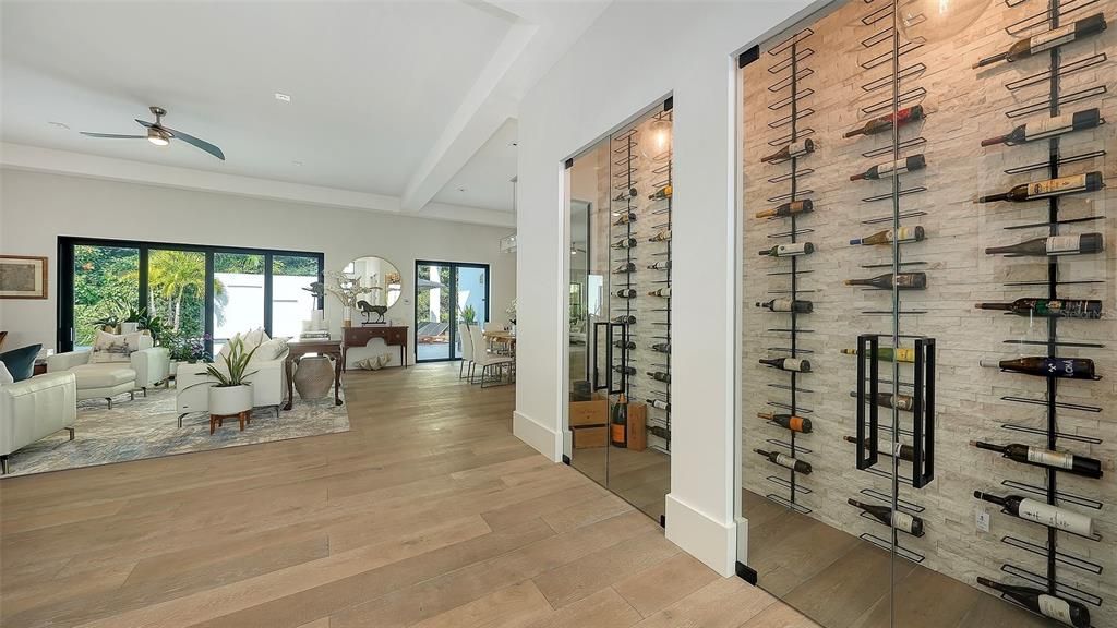 Interior, Living room, Recessed Lighting, Wine Storage, Wood Texture Flooring