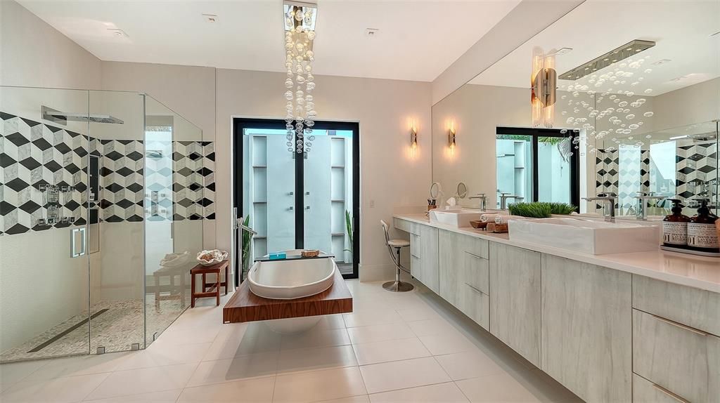 Bathroom, Dual Sink Vanities, Glass Shower, Interior, Pendant Lights, Recessed Lighting