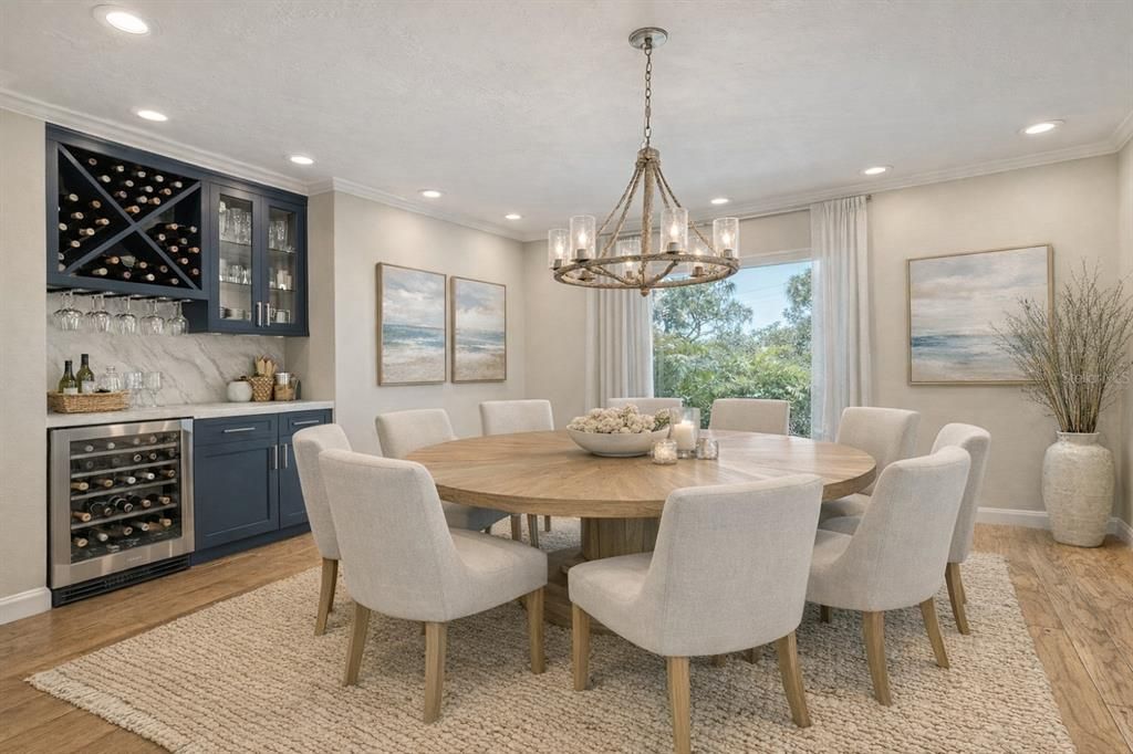 Chandelier, Dining room, Interior, Marble Walls, Pendant Lights, Recessed Lighting, Wood Texture Flooring